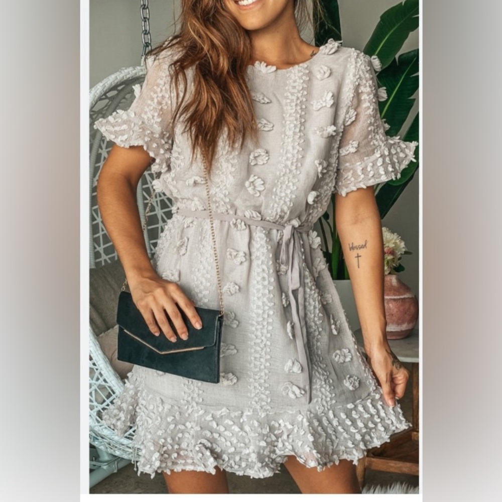 &Mercy Textured Pom-Pom Summer Dress in Light Gray | New without Tags